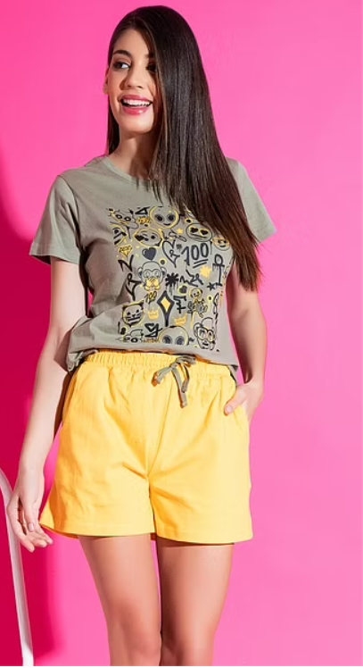 Emoji Print Sleep T-shirt & Shorts Set in Olive Green & Yellow - 100% Cotton