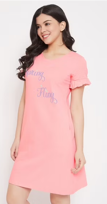 Text Print Short Nightdress in Baby Pink - 100% Cotton