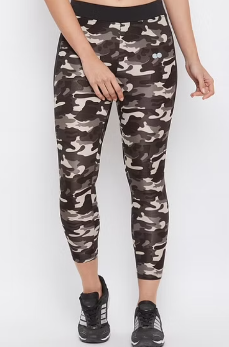 Camouflage Print Activewear Ankle-Length Tights in Dark Grey