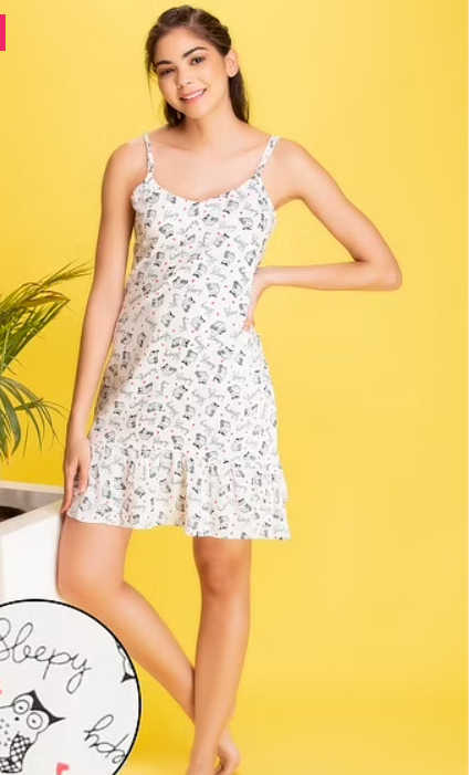 Owl & Text Print Short Night Dress in White- Cotton Rich