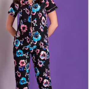 Pretty Florals Button Me Up Shirt & Pyjama Set in Black - Crepe