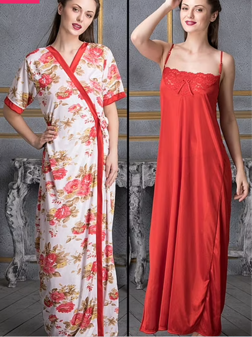 Night Dress & Printed Robe - Satin