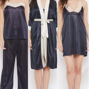 4 Piece Nightwear Set in Dark Blue- Satin