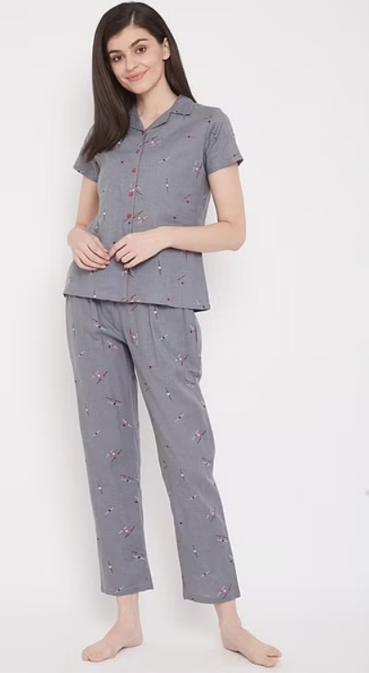 Print Me Pretty Button Me Up Shirt & Pyjama in Grey- 100% Cotton