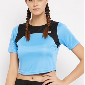 Comfort-Fit Active Cropped T-shirt in Light Blue with Yoke Panel