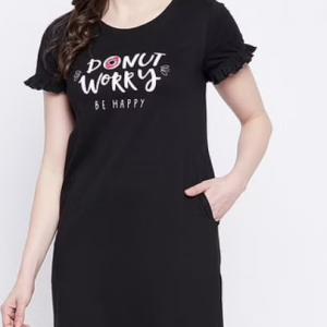 Donut Text Print Short Night Dress in Black - 100% Cotton