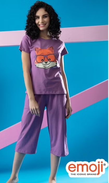 Fox Emoji Print Top & Solid Capri Set in Lilac - 100% Cotton