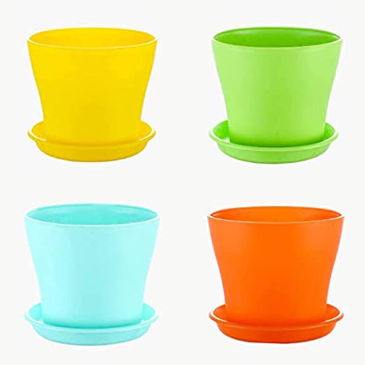 Kraft Seeds Flashy Plastic Flower Pots With Bottom Trays (4 Pcs, Multicolor) Flower Planters for Home Balcony and Garden Planters With Plates for Home Plants UV Treated Heavy Duty Plant Pots