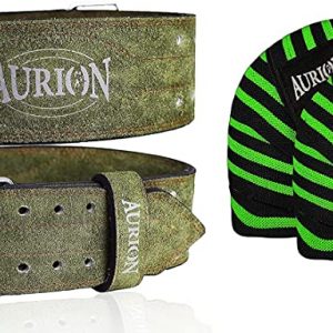 AURION Genuine Leather Pro Weight Lifting Belt for Men and Women Durable Comfortable & Adjustable with Buckle with Knee Wraps (Pair) for Cross Training WODs