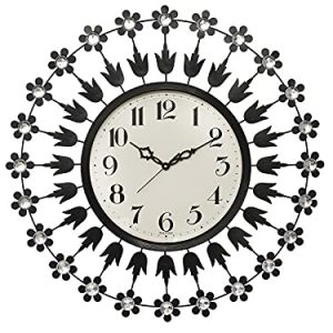 CHRONIKLE Beautiful Analog Floral Design Decorative Crystal Round Diamond Studded Home Office Decor Metal Wall Clock with Sweep Movement