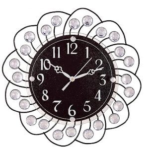 CHRONIKLE Beautiful Decorative Floral Design Crystal Round Diamond Studded Home Decor Analog Metal Wall Clock with Sweep Movement