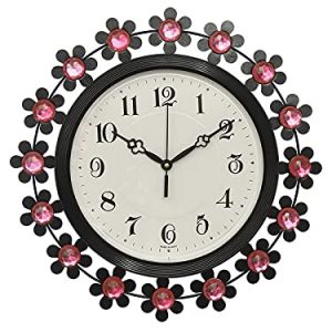 CHRONIKLE Beautiful Floral Design Decorative Crystal Round Diamond Studded Analog Home Office Decor Metal Wall Clock with Sweep Movement