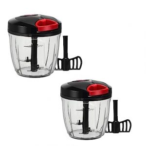 CLVJ (Set of 2) 2 in 1 (Cutting Blade and Beating Blade) Mini Plastic Handy Chopper, Vegetable Fruit Nut Onion Chopper, Hand Meat Grinder Mixer Food Processor (1000ml) (Black & Red)
