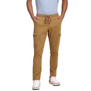 Dennis Lingo Men's Cotton Regular Fit Solid Stretchable Cargo Trousers, Casual Pants with Drawstring Waist
