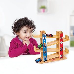 Funskool Giggles - Ramp Racer, Wooden Racing Toy with 3 Mini Cars, Fine Motor Skills, Free Wheeling Cars, 18 Months & Above, Preschool Toys