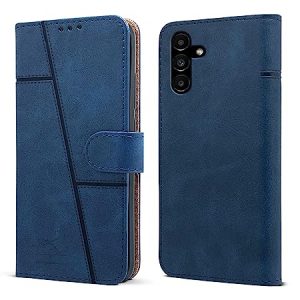 Jkobi Flip Cover Case for Samsung Galaxy A14 5G (Stitched Leather Finish Magnetic Closure Inner TPU Foldable Stand Wallet Card Slots Blue)