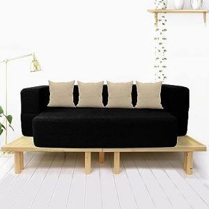 Coirfit Couch Bed - 3 Seater Sofa & Mattress - Washable Jute Fabric with 3 Cushions - Black Double Sofa Bed 72x44x10 inches