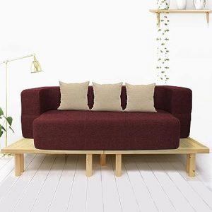 Coirfit Couch Bed - 3 Seater Sofa & Mattress - Washable Jute Fabric with 3 Cushions - Maroon Single Sofa Bed 72x44x14 inches