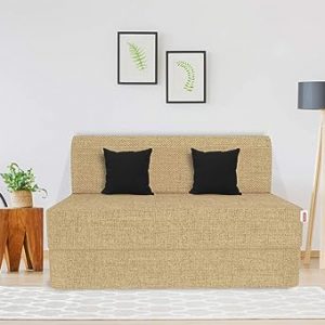 Coirfit Two Seater Folding Sofa Cum Bed - Perfect for Guests - Jute Fabric Washable Cover with Free Cushions (2 Seater) - 4' X 6' Feet, Beige