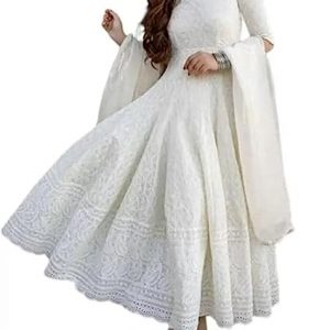 ROYAL EXPORT Women's Cotton Anarkali White Color chikankari suit with Duptta