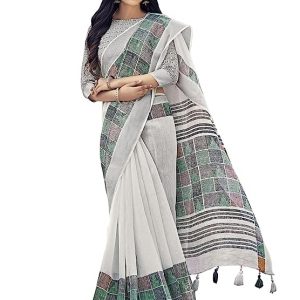 Satrani Women'S Printed & Silver Border Poly Cotton Saree With Unstitched Blouse Piece