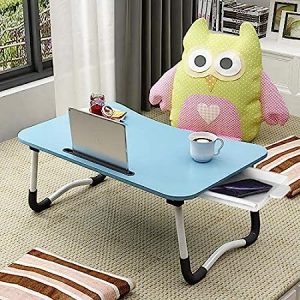 Tarkan Foldable Wooden Mini Laptop Table for Bed, Study Table with Drawer, Tablet Mobile Holder for Kids & Adults (Blue)