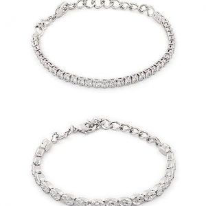 ZAVERI PEARLS Set of 2 Silver Tone Contemporary Cubic Zirconia Brass Tennis Bracelets For Women-ZPFK13466