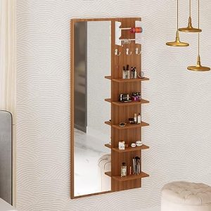 BLUEWUD Freddie Engineered Wood Wall Mount Dressing Table Mirror with Shelves, Bangle Holder & Hooks (Walnut)