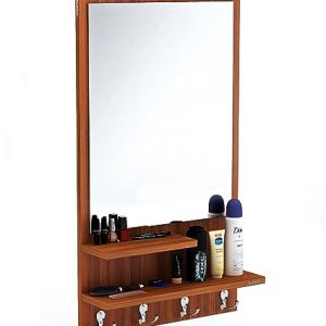 BLUEWUD Rico Engineered Wood Wall Mount Dressing Table Mirror with Shelves & Hooks (Walnut)
