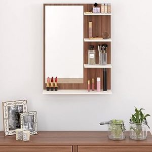 BLUEWUD Rico Mini Engineered Wood Wall Mount Dressing Table Mirror with Shelves (Walnut & White)