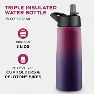 FineDine Triple Insulated Stainless Steel Water Bottle with Straw Lid - Flip Top Lid - Wide Mouth Cap (750 ml) Insulated Water Bottles, Keeps Hot and Cold