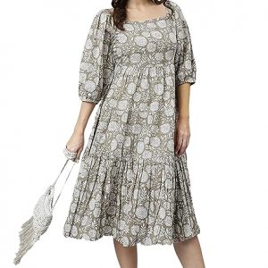 Janasya-Womens-Grey-Cotton-Floral-Print-Flared-Dress