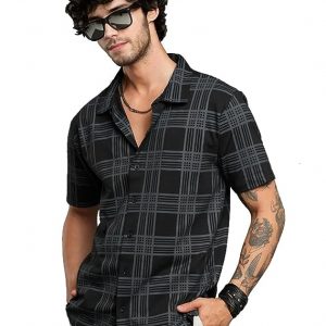 LEWEL Men's Stylish Checkered Half Sleeve Shirt (Black)