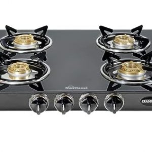 Sunflame DIAMOND 4B Manual Ignition 4 Burners Gas Stove with Toughened Glass Top, 4 Brass Burners, Black