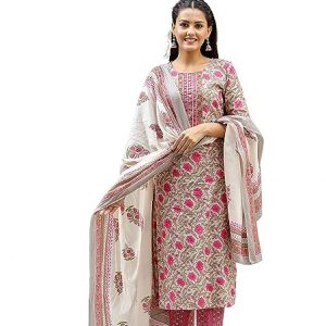 Vaamsi Women's Cotton Blend Floral Printed Straight Kurta Set with Dupatta (VKSKD1133_Grey)