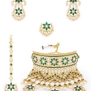 ZAVERI PEARLS Green Floral Design Rajasthani Style Choker Necklace Earring Maangtikka & Ring Set For Women-ZPFK14476