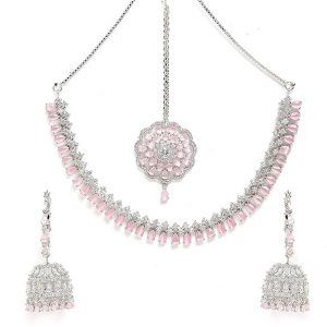 ZENEME Jewellery Sparkling American Diamond Collar Necklace with Designer Jhumka Jhumki