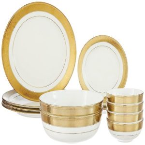 Amazon Brand - Solimo Ceramic 14 Piece Premium Dinner Set | 4 Dinner Plates, 4 Quarter Plates, 2 Large Bowls & 4 Small Bowls | Golden Strip