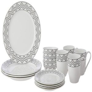 Amazon Brand - Solimo Ceramic 16 Piece Dinner Set | 4 Dinner Plates, 4 Quarter Plates, 4 Mugs & 4 Small Bowls | Zig Zag (White)