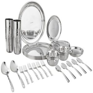 Amazon Brand - Solimo Stainless Steel Dinner Set of 50 Pieces | Mirror Finish with Laser Etched Design I Bhojan Thali Set I Dinnerware Set for Kitchen I Dishwasher Safe