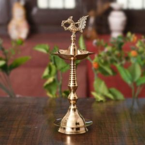 Collectible India Brass Peacock Mahabharat Diya Oil Lamp (Golden, 10.5 X 3.5 Inches)