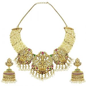 Peora Gold Plated Brass Indian Traditional Pearl Necklace Jhumki Earring