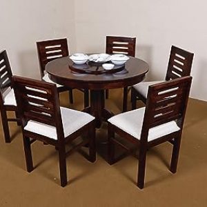 Santosha Decor Sheesham Wood Round Top 6 Seater Dining Table Set with 6 Cushion Chair for Dining Room