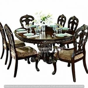 Z H Handicrafts Stylish Look Sheesham Wood Round Shape Dining Table + Upholstered Chair 6 Seater