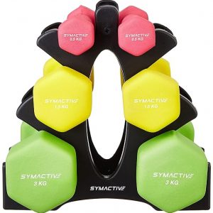 Amazon Brand - Symactive Neoprene Coated Dumbbell Combo Multi Colour with Stand 10 Kg, Set of 2 (0.5 Kg, 1.5 Kg, 3 Kg)